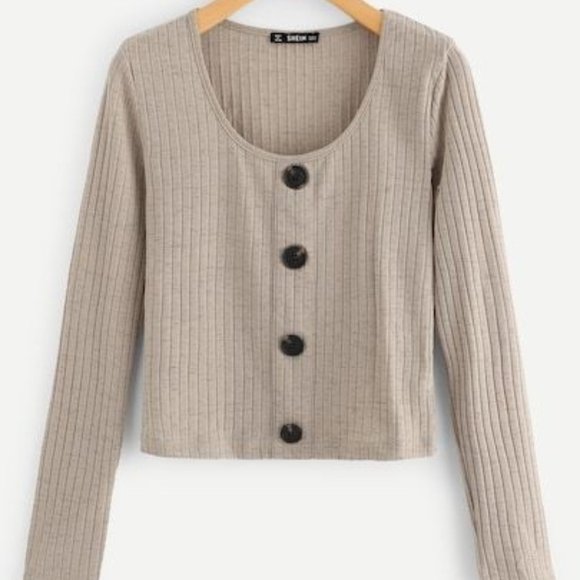 Shein Tops - Shein Beige Long Sleeve Tee Scoop Neck